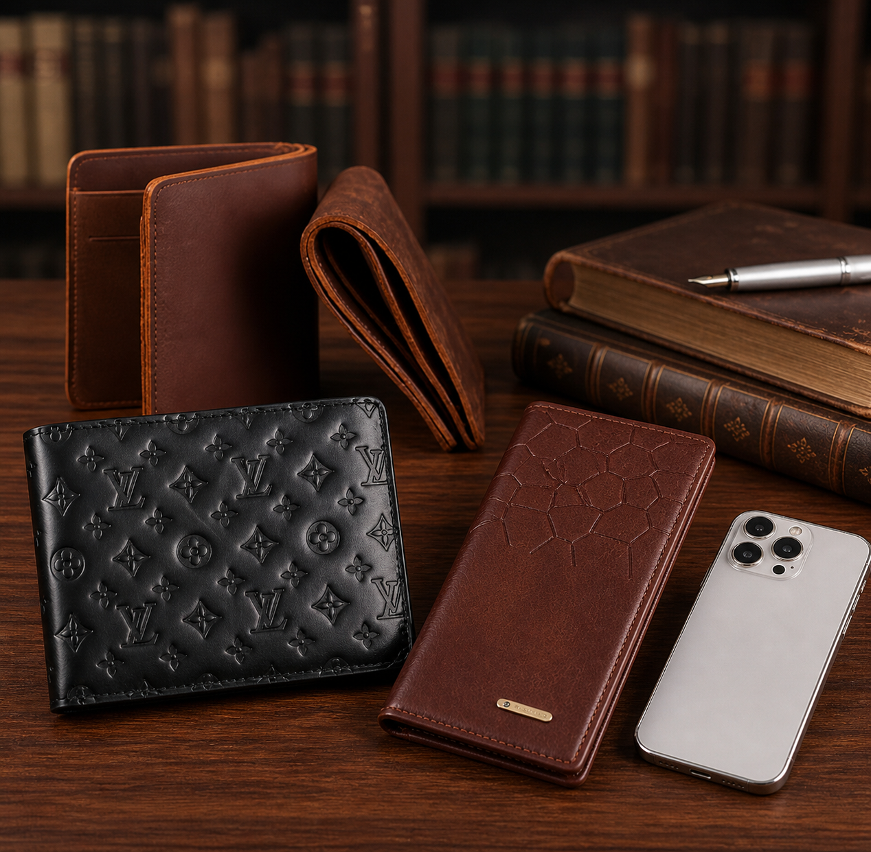 Men's Long Leather Wallet Bifold honey Design